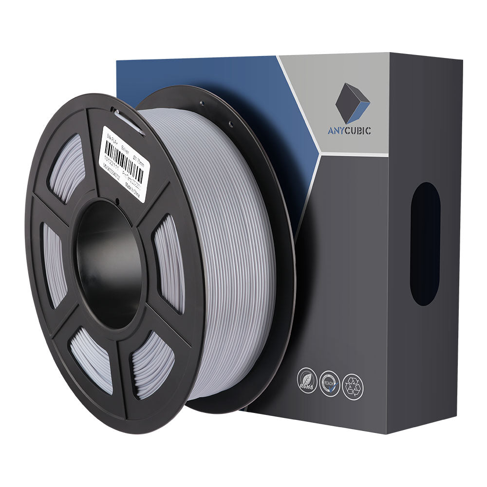 Anycubic PLA Silk Silver filament spool with product packaging