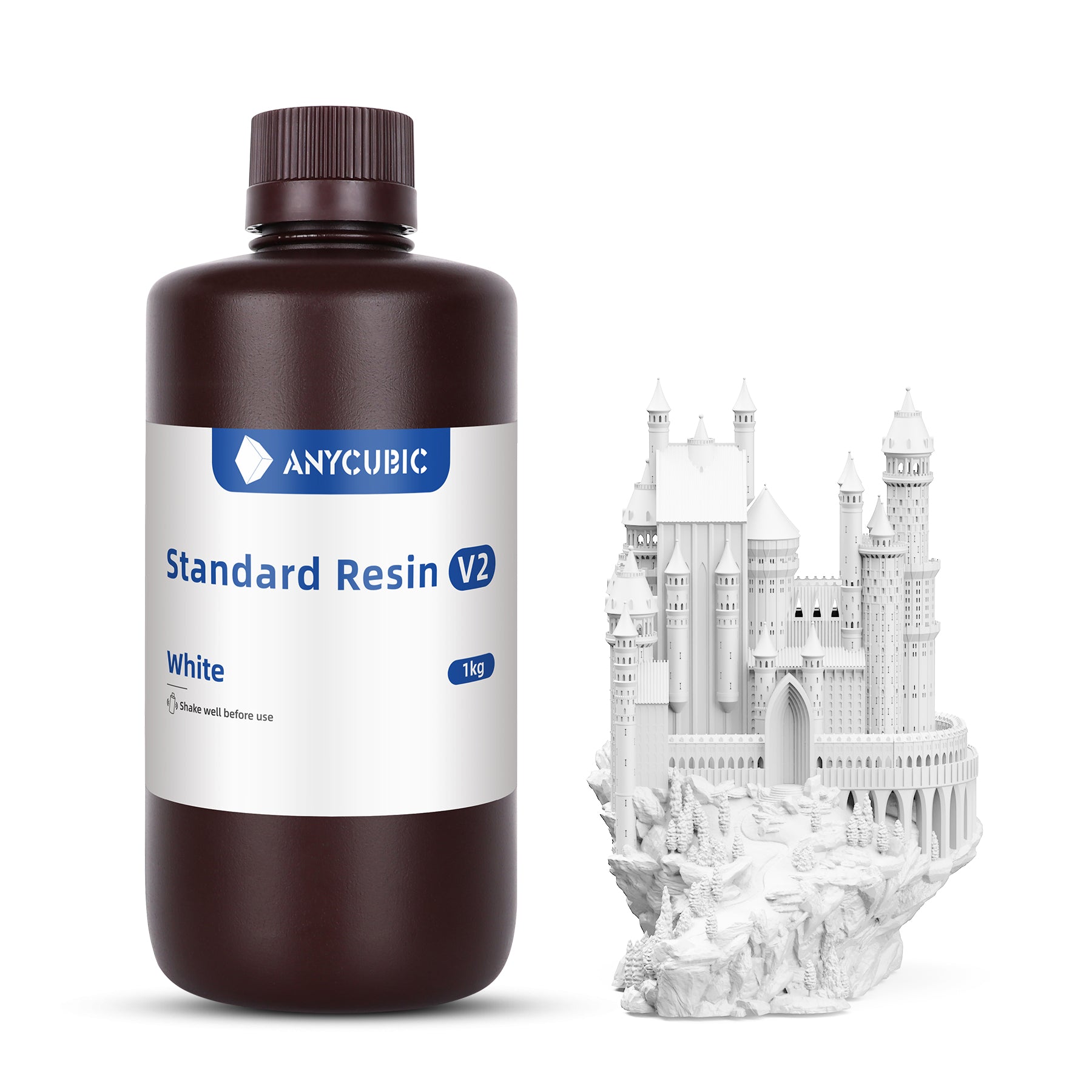 Anycubic Standard Resin V2 White 1kg bottle with detailed white 3D-printed castle