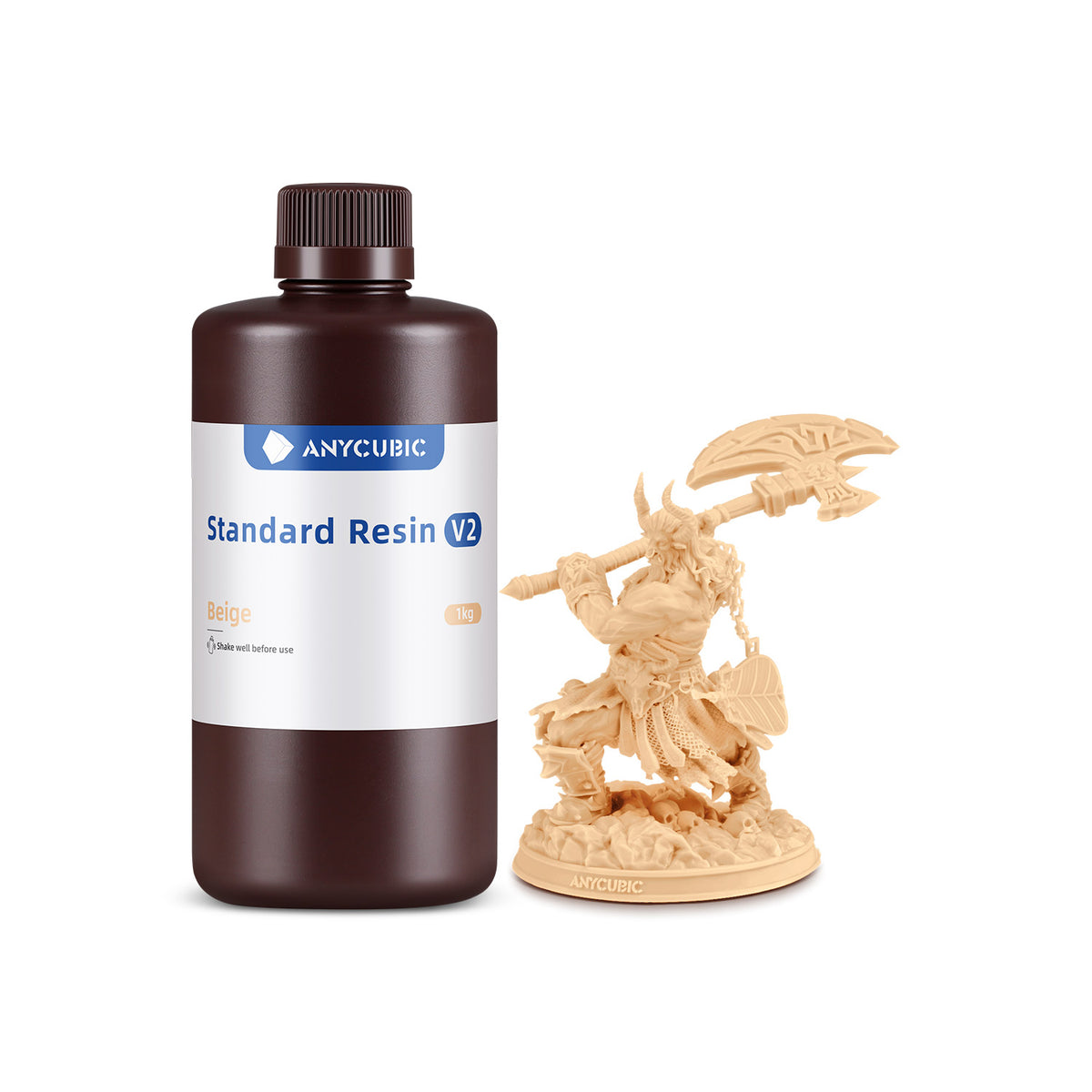 Anycubic Standard Resin V2 Beige 1kg Bottle and Printed Model